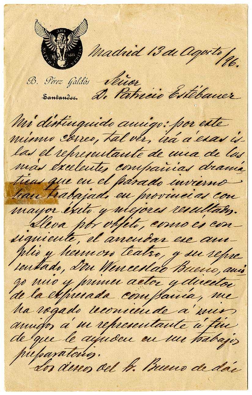 Carta de Galdós a Patricio Estévanez