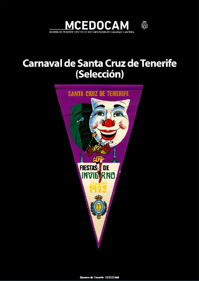 Banderilla de las fiestas de invierno de 1972 en la que se muestran dos máscaras de carnaval, una feliz con maquillaje de payaso y una triste en tonos verdes y llena de arrugas, sobre un fondo violeta y coronando un triángulo invertido con el nombre de las fiestas, el año y el escudo de la ciudad.