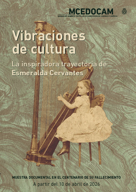 Cartel muestra con Esmeralda tocando el arpa cuando era niña