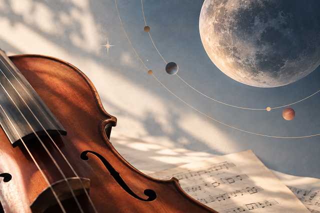 Violín y órbitas bajo la luna