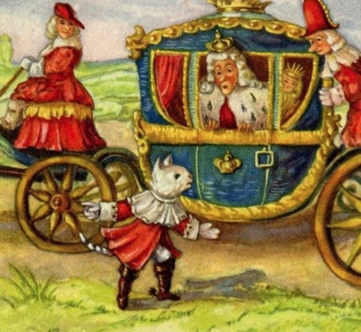 Ilustración extraída de un cuento antiguo en la que se ve el carruaje de un rey y un gato con botas